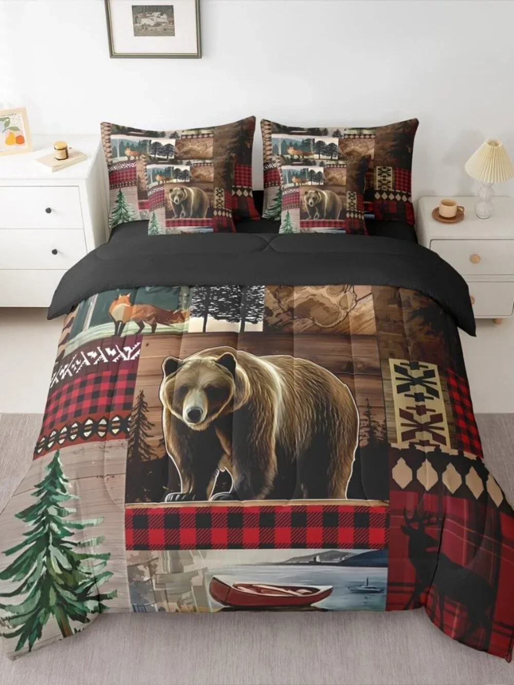 Rustic Cabin Bedding Set 7 Pieces,Hunting Bear King Size Comforter Set with Shee